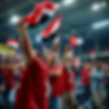 Fans cheering and waving flags at a stadium