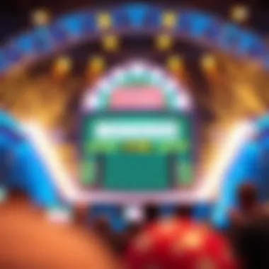 A digital representation of a lottery draw with bright lights and excitement