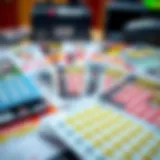 An assortment of scratch lottery tickets displayed on a table